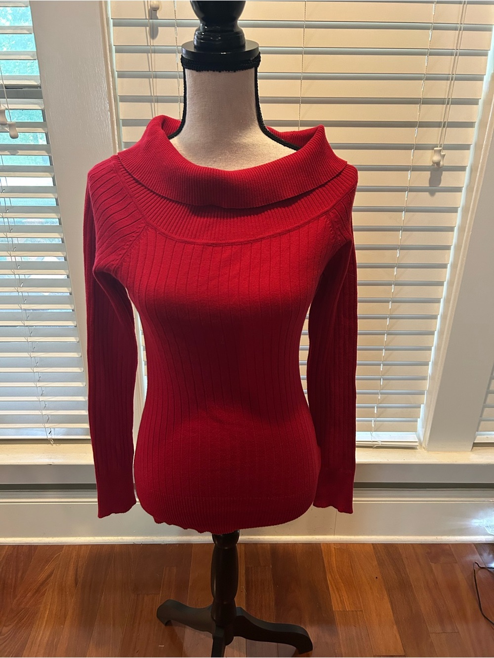 Derek Heart Red Ribbed Cowl Neck Sweater